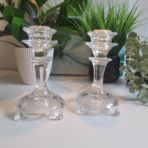Pair of Footed Vintage Glass Candlestick Holders w Etched Floral Base